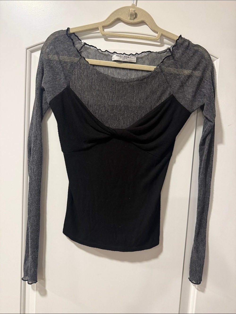 Project Social T Black Ribbed Body with Gray Sheer Yoke Long Sleeve Top